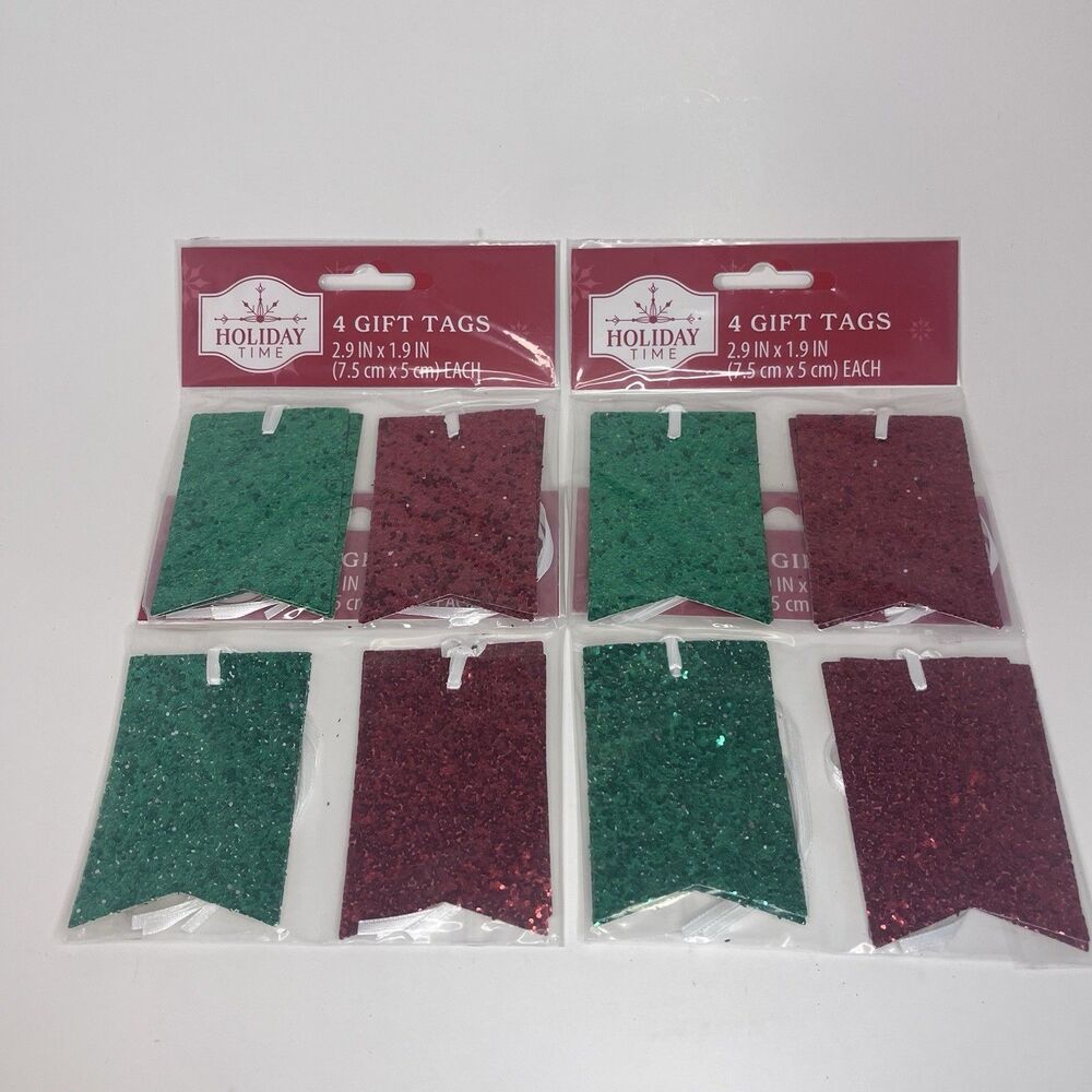 Lot of 4 Holiday Time 4 Gift Tags Christmas Glitter Green Red - NEW ~ Offers wel